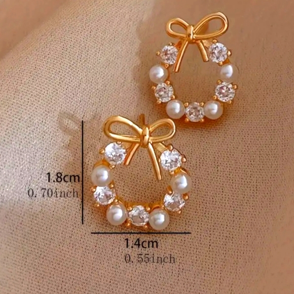 Simulated Diamond Pearl Wreath bow Earrings 925S Post - Picture 5 of 7